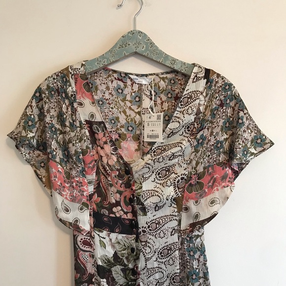 NWT Zara Crinkle Patchwork Midi Dress - Picture 3 of 6